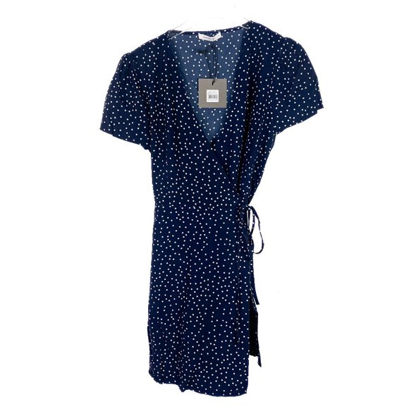 NWT Cooper St Printed Short Sleeve Wrap Mini Dress Navy Polka Dots Size Small S - Picture 2 of 13